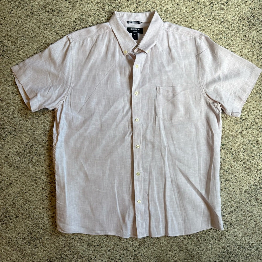 Nordstrom Men's Soft Pink Linen Trim Fit Short Sleeve Shirt XL